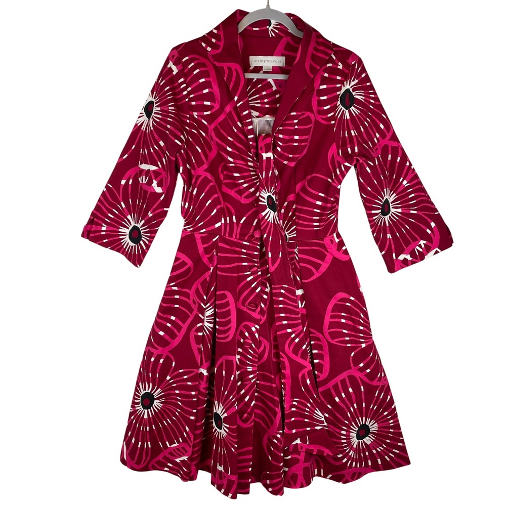 Lesley Evers Pink Floral Fit and Flare Dress 3/4 Sleeve Magenta Medium